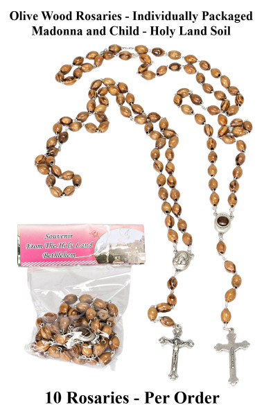 Holy Land Soil Madonna and Child Olive Wood Rosaries - 10 Rosaries @ $11.99 Each