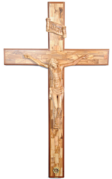 Large Mosaic Olive Wood Wall Crucifix 4 Feet Tall - Brown, 1 Crucifix