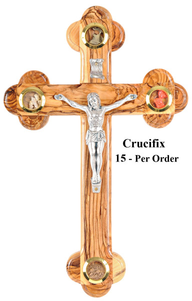 Wholesale Olive Wood 11 Inch Wall Crucifixes with 4 Articles - 15 Crucifixes @ $29.90 Each