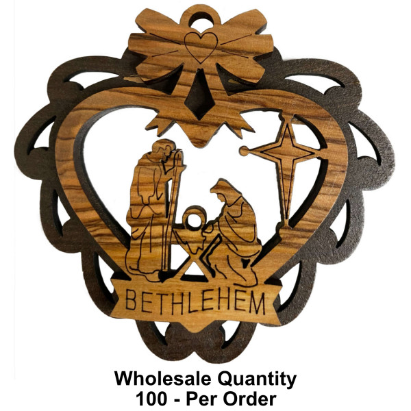 Wholesale Olive Wood Ornament Holy Family Manger Heart Shape - 100 Ornaments @ $5.90 Each 