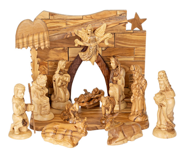 13 Piece Olive Wood Christmas Nativity Set | Angel | Stable |Animals - Brown, 1 Nativity