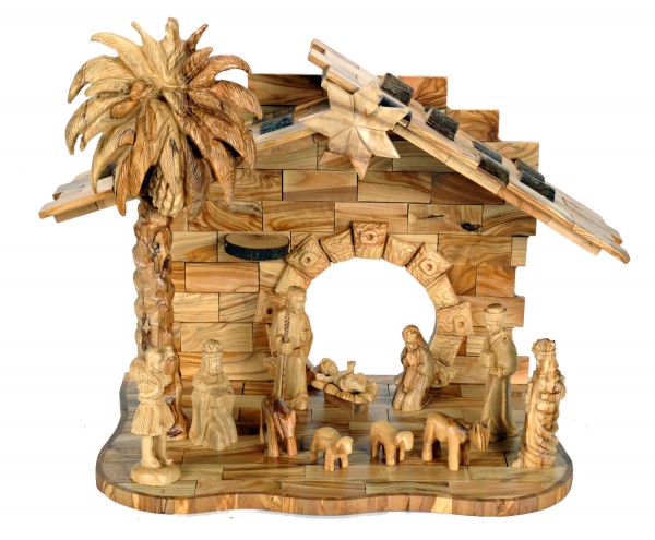 13 Piece Olive Wood Holy Land Nativity Set with Animals - Brown, 1 Nativity