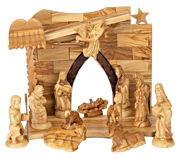 13 Piece Olivewood Hand Carved Nativity Set - Brown, 1 Nativity
