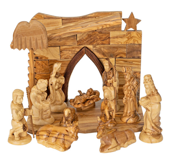13 Piece Simple Olive Wood Nativity Set w. Animals - Brown, 1 Nativity