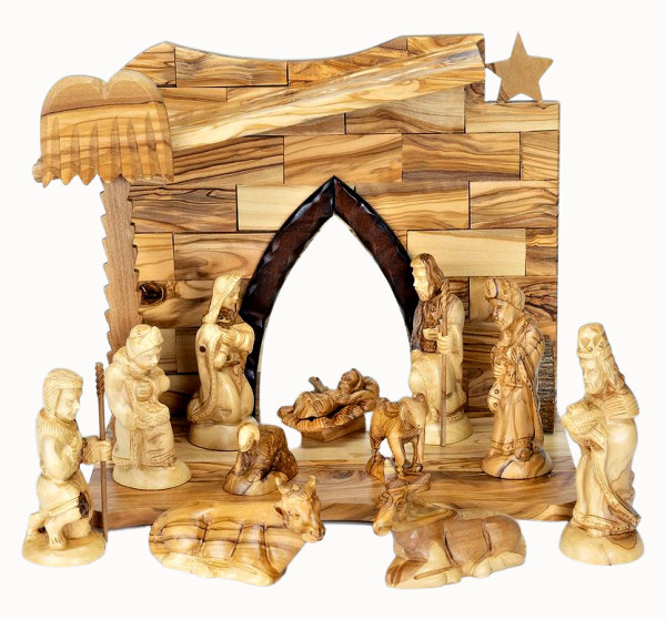 13 Piece Small Olive Wood Nativity Set with Animals - Brown, 1 Nativity
