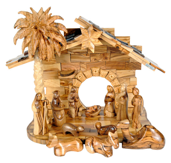 14 Piece Contemporary Olive Wood Nativity Set w Stable | Animals - Brown, 1 Nativity