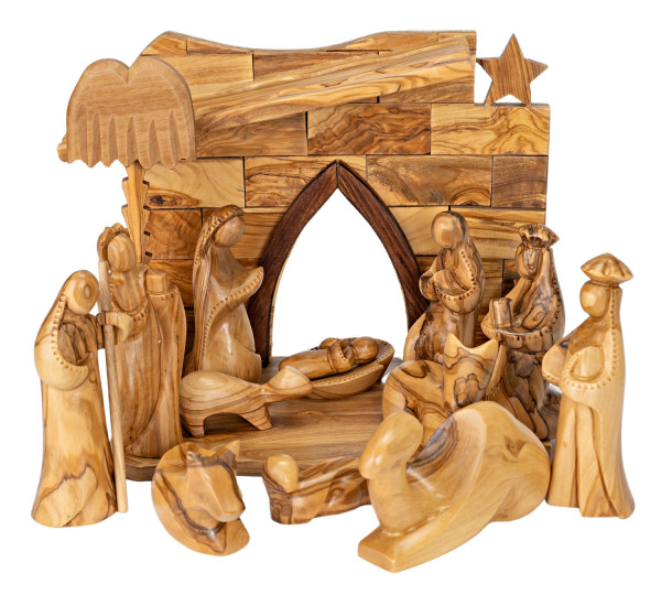 14 Piece Contemporary Olive Wood Nativity Set - Brown, 1 Nativity