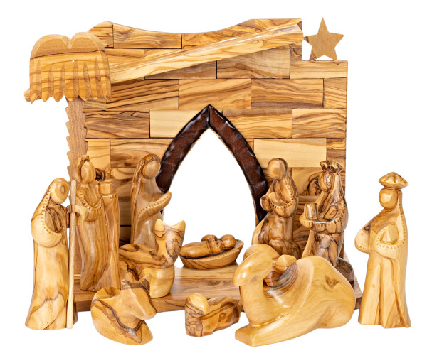 14 Piece Modern Nativity Set with Stable - Brown, 1 Nativity