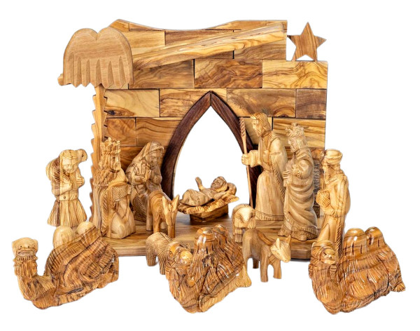 16 Piece Indoor Olive Wood Nativity Set from the Holy Land - Brown, 1 Nativity