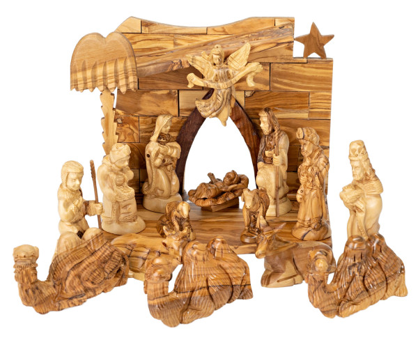 16 Piece Indoor Olivewood Nativity Set with Angel and Camels - Brown, 1 Nativity