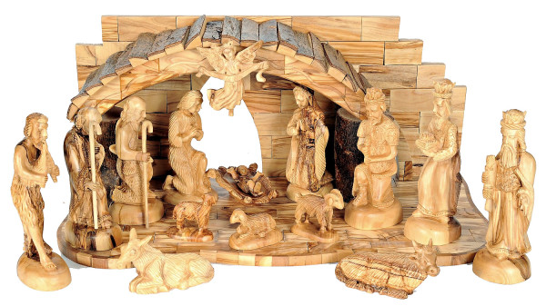 16 Piece Large Olive Wood Nativity Set w Gloria Angel - Brown, 1 Nativity