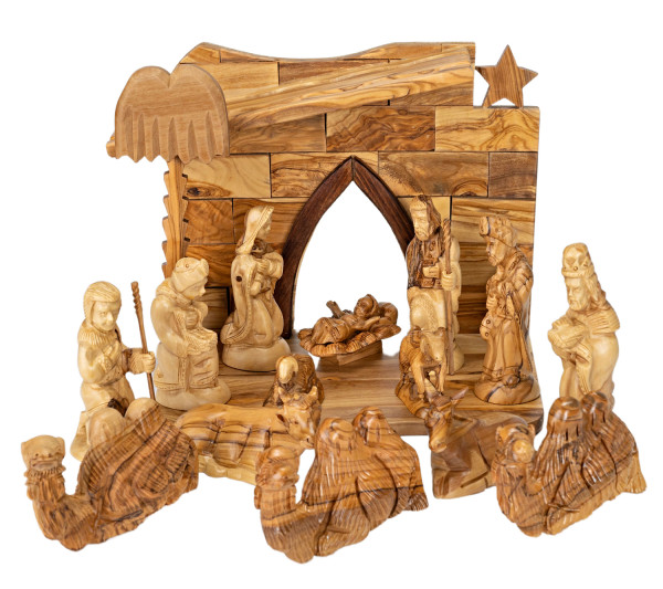 16 Piece Olive Wood Adorable Carved Nativity Scene - Brown, 1 Nativity