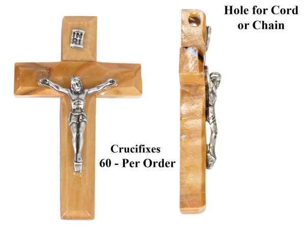 2 Inch Tall Bulk Small Olive Wood Crucifixes - 60 Crucifixes @ $2.20 Each