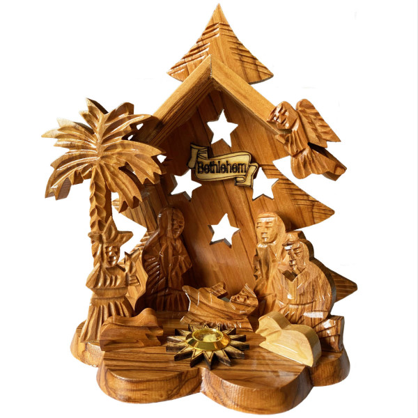 5.25 Inch Frankincense Christmas Tree Shaped Olive Wood Nativity Set - Brown, 1 Nativity