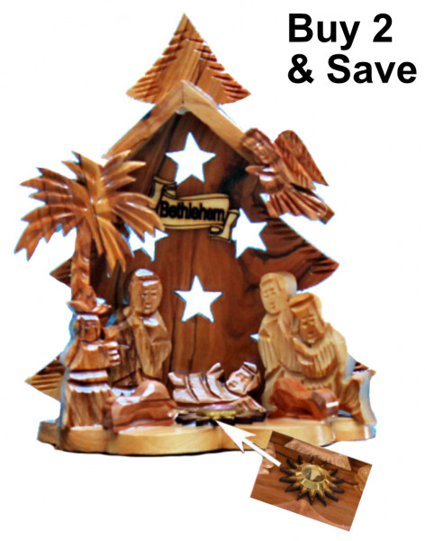 5.25 Inch Frankincense Christmas Tree Shaped Olive Wood Nativity Set - 2 Nativities @ $47.00 Each