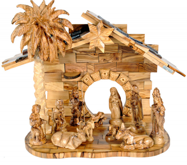 Beautiful 13 Piece Olive Wood Nativity Stable and Animals - Brown, 1 Nativity