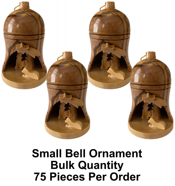 Bulk Small 2.75&ldquo; Olive Wood Bell Nativity Ornament - 75 @ $5.25 Each (Sale $4.75)
