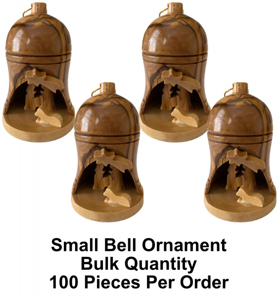 Bulk Small 2.75&ldquo; Olive Wood Bell Nativity Ornament - 100 @ $5.10 Each (Sale $4.50)