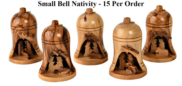 Bulk Small 2.75&ldquo; Olive Wood Bell Nativity Ornaments - 15 @ $8.25 Each