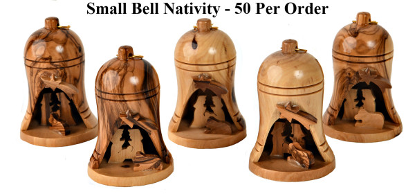 Bulk Small 2.75&ldquo; Olive Wood Bell Nativity Ornaments - 50 @ $7.00 Each