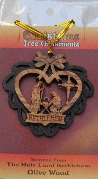 Wholesale Olive Wood Ornament Holy Family Manger Heart Shape - 10,000 Ornaments @ $4.75 Each