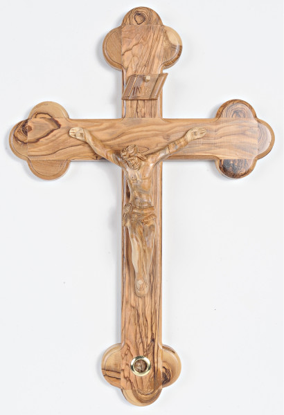Carved Crucifix with Holy Land Olive Leaves 15 Inches - Brown, 1 Crucifix