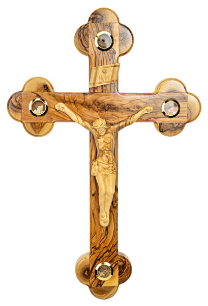 Carved Olive Wood Crucifix with Holy Land Relics 13 Inches - Brown, 1 Crucifix