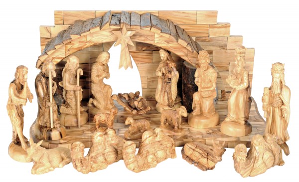 19 Piece LARGE Carved Olive Wood Nativity Set Holy Land - Brown, 1 Nativity