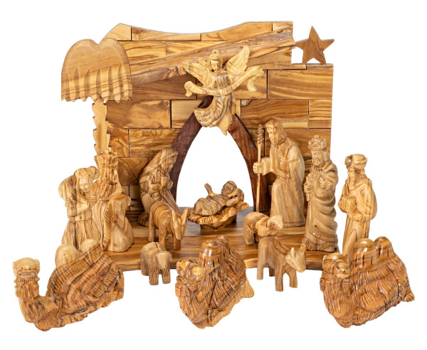 Olive Wood Nativity Set 16 Piece with Stable, Angel, Animals - Brown, 1 Nativity