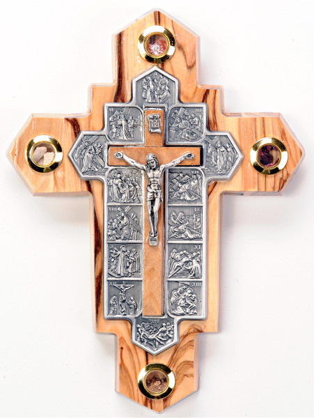 Fourteen Stations Crucifix Wall Plaque 7 Inches with Relics - Brown, 1 Crucifix
