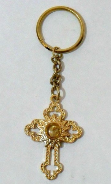 Wholesale Gold Cross with Holy Land Stone Key Chains - 100 Key Chains @ $2.89 Each