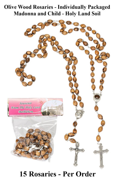 Holy Land Soil Madonna and Child Olive Wood Rosaries - 15 Rosaries @ $10.99 Each