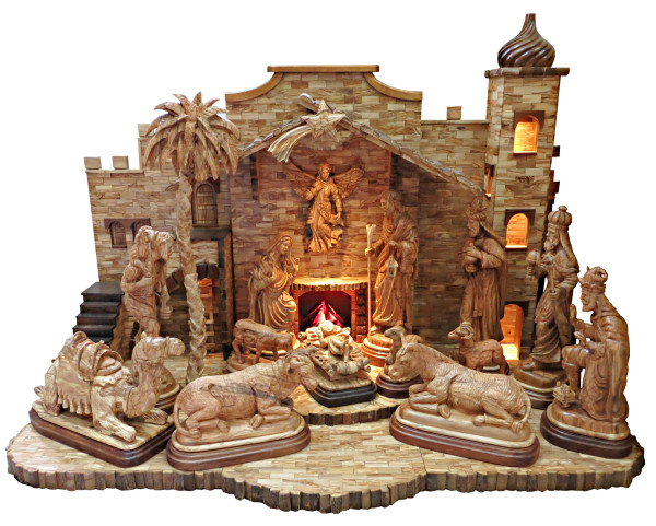 LARGEST CHURCH SIZE Olive Wood 15 Piece Nativity Set - Brown - Very Large