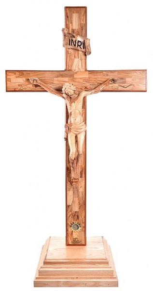 Large 4 Feet 4 Inch Standing Olive Wood Crucifix with Holy Land Soil - Brown, 1 Crucifix