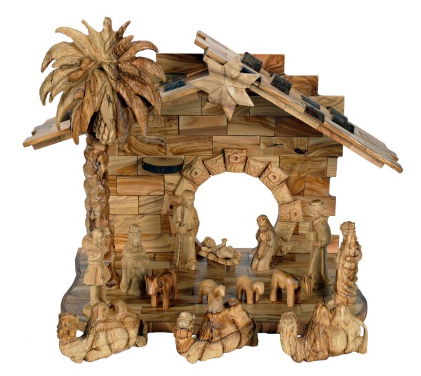 Large Olive Wood Nativity Set | 16 Pieces Stable, Figurines - Brown, 1 Nativity