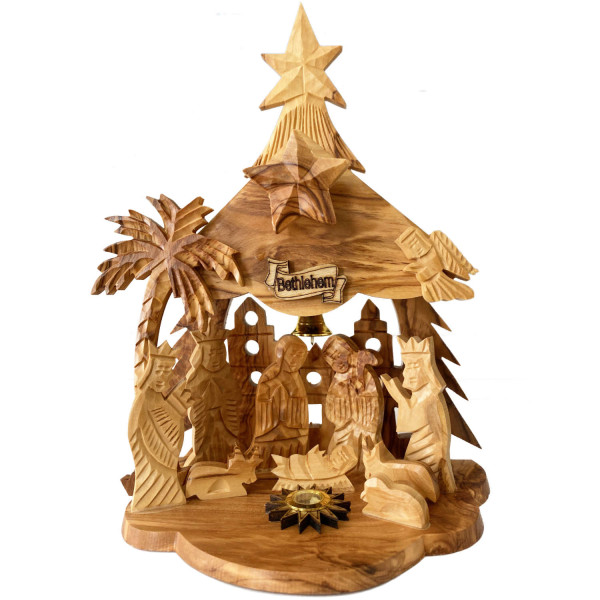 Musical Standing Olive Wood Christmas Nativity Scene w Frankincense 8 Inch Tall - Brown, 1 Nativity