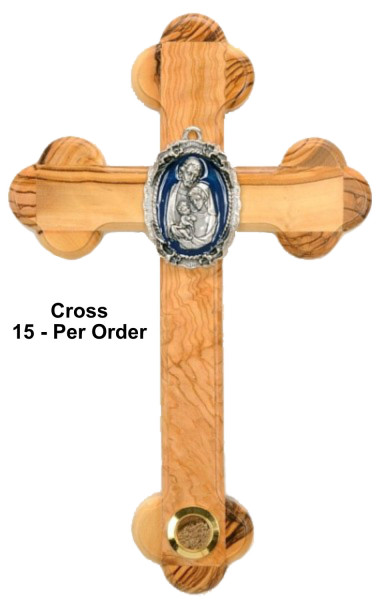 Nativity Cross with Blue Enamel and Olive Wood 8.5 Inches - 15 Wall Crosses @ $24.00 Each