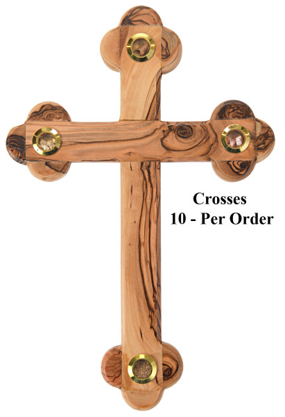 Olive Wood 11&quot; Wall Cross with 4 Articles - 10 Crosses @ $26.00 Each