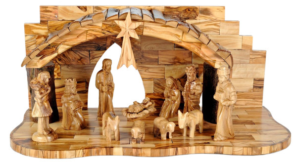 Olive Wood 13 Piece Nativity Set with Stable - Brown, 1 Nativity