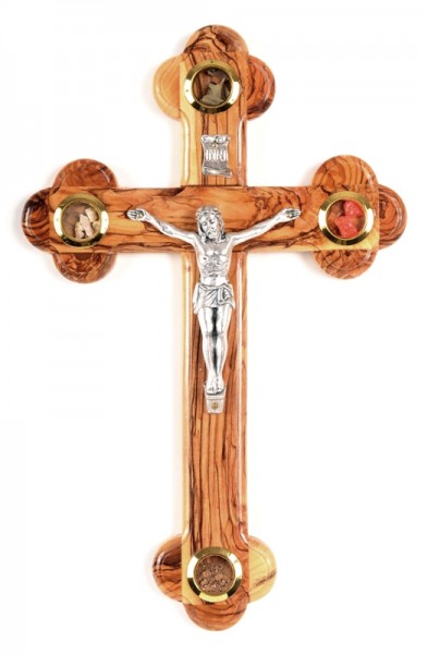 Wholesale Olive Wood 8.5 Inch Wall Crucifixes with 4 Articles - 500 @ $15.25 Each