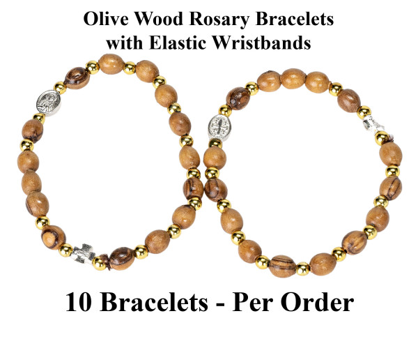 Olive Wood Elastic Rosary Bracelets 7.5 Inches - Brown, 1 Dozen