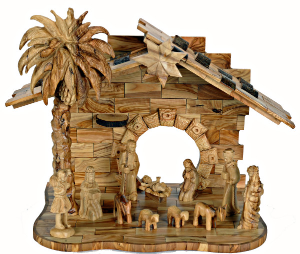 Olive Wood Nativity Set 13 Piece with Palm Tree Stable - Brown, 1 Nativity