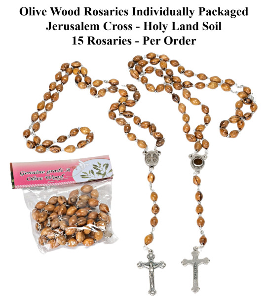 Olive Wood Rosaries with Holy Land Soil Bulk Priced - 15 Rosaries @ $10.99 Each