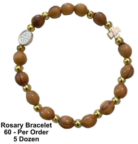 Olive Wood Elastic Rosary Bracelets 7.5 Inches - 5 Dozen @ $2.39 Each, Unboxed