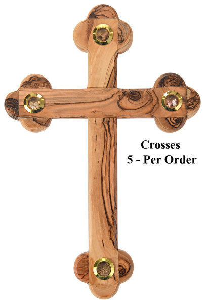 Olive Wood Wall Cross with 4 Holy Land Articles 15 Inches - 5 Crosses @ $65.00 Each