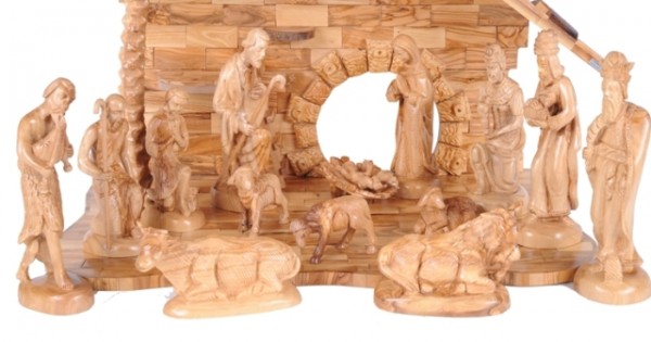 Finest Olivewood Nativity Figurine Set from Bethlehem | 15 Pieces | 10 Inches - Brown