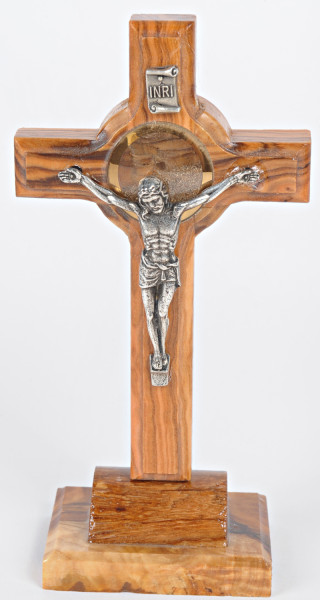 Standing Olive Wood Crucifix with Holy Land Soil 5.5 Inches - Brown, 1 Crucifix