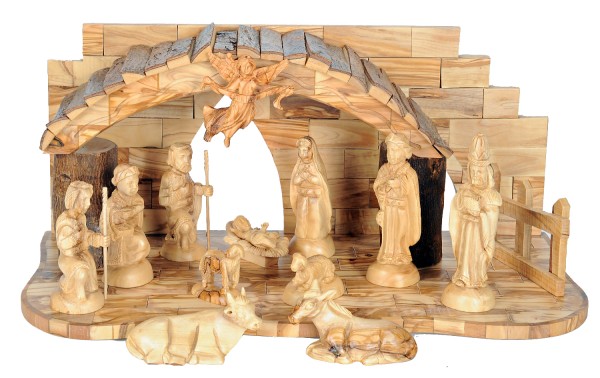 13 Piece Olive Wood Indoor Nativity Scene from Bethlehem - Brown, 1 Nativity