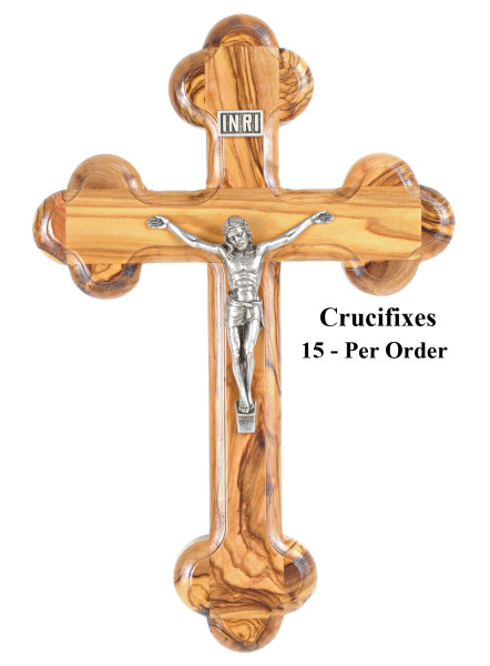 Wholesale 11 Inch Roman Style Olive Wood Crucifix - 15 Crucifixes @ $26.00 Each