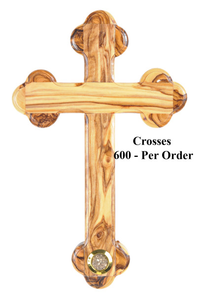 Wholesale 8.5&quot; Olive Wood Wall Crosses with Soil - 600 Wall Crosses @ $13.10 Each